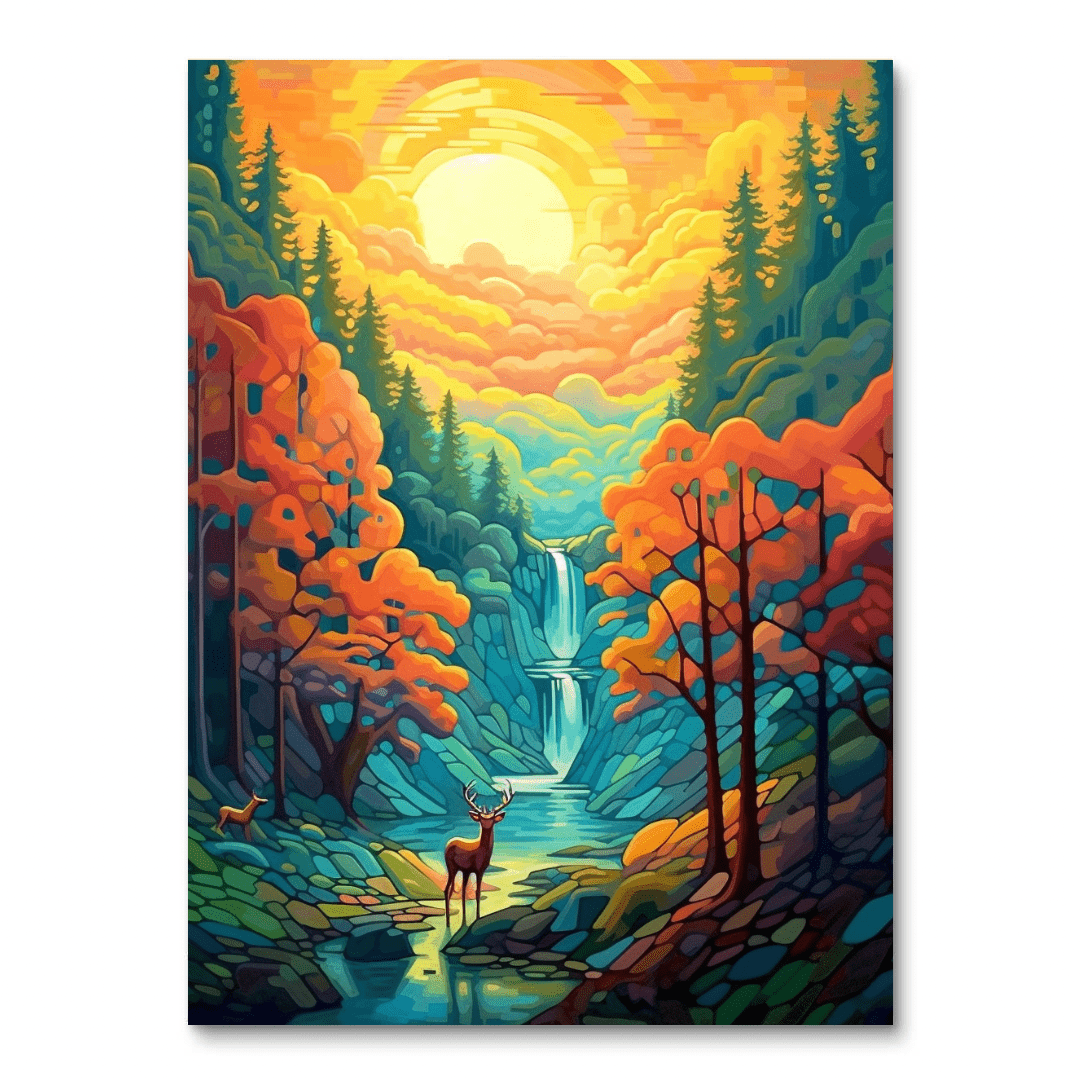 Deer at the Forest Cascade (Diamond Painting)