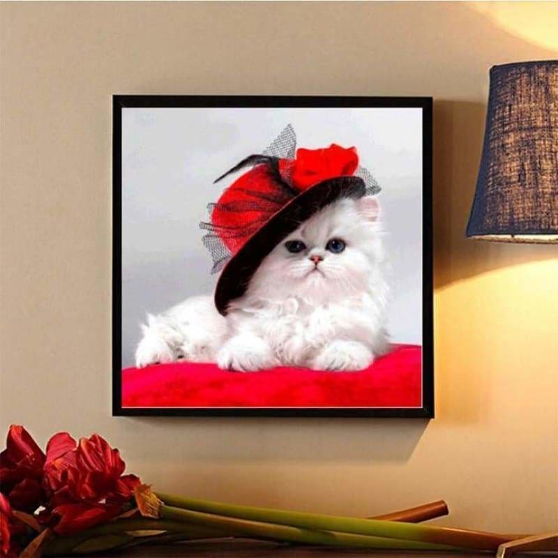 Hot Sale lovely White Cat With Hat Full Drill - 5D Diy