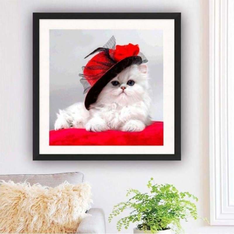 Hot Sale lovely White Cat With Hat Full Drill - 5D Diy