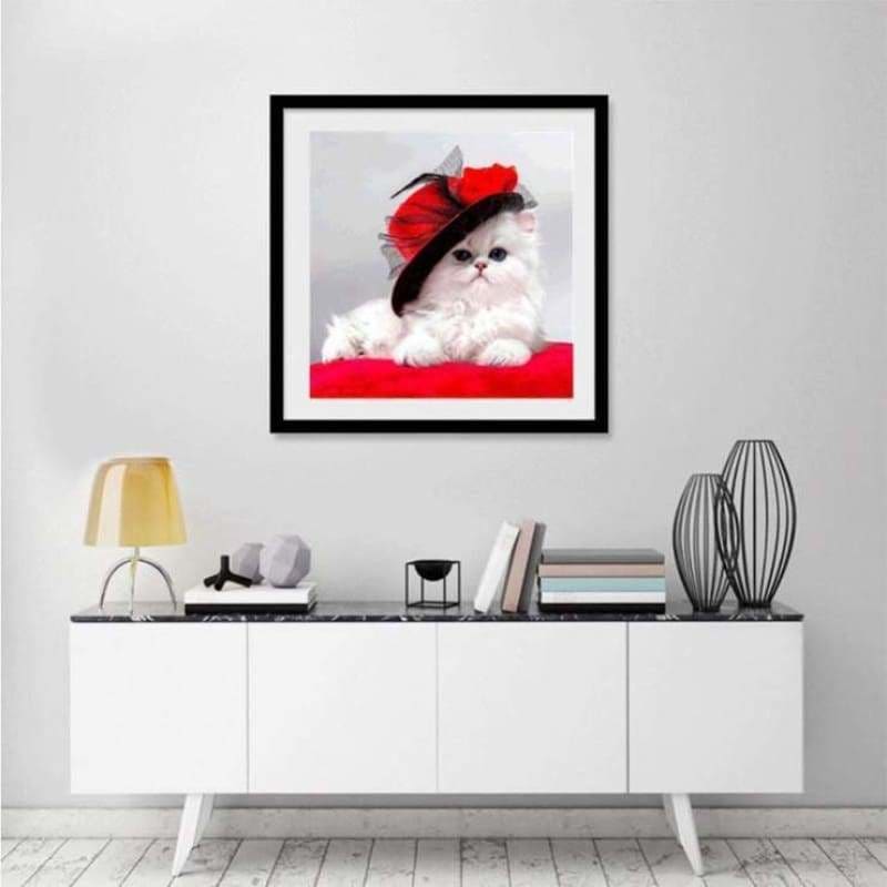 Hot Sale lovely White Cat With Hat Full Drill - 5D Diy