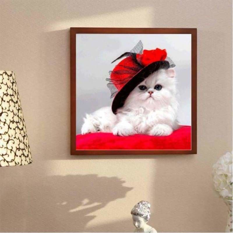 Hot Sale lovely White Cat With Hat Full Drill - 5D Diy