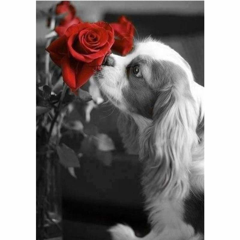 Modern Art Dog And Red Rose Full Drill - 5D Diy Diamond