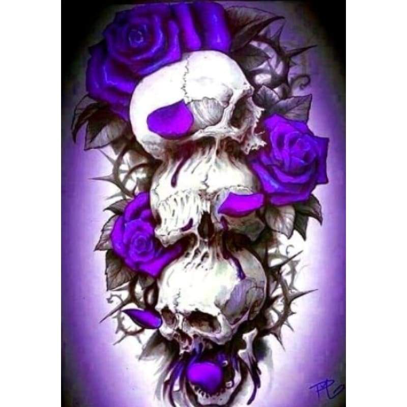 Skulls and Roses in Purple- Full Drill Diamond Painting -