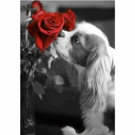Modern Art Dog And Red Rose Full Drill - 5D Diy Diamond