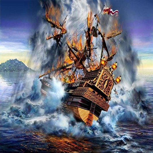 Oil Painting Style Full Square Drill Pirate Ship Full Drill