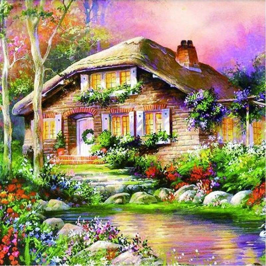 Oil Painting Style Mosaic Cross Stitch Cottage Full Drill -