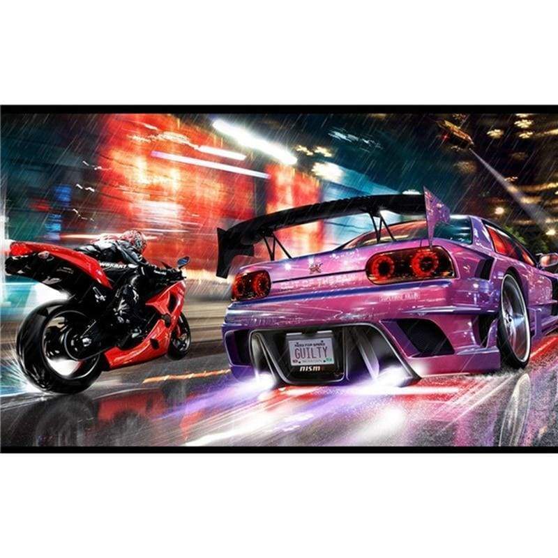 Full Drill - 5D DIY Diamond Painting Kits Battle Between Sports Car and Motoecycle - NEEDLEWORK KITS